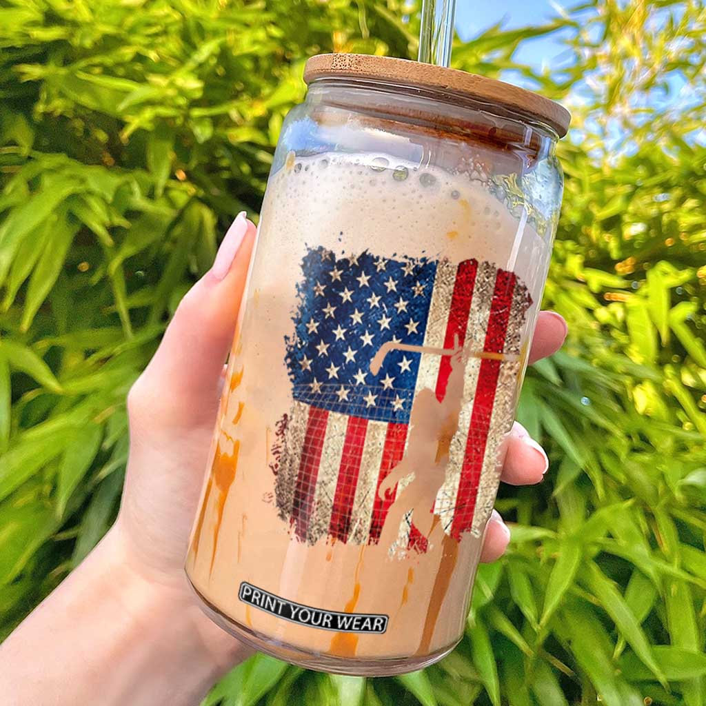 Patriotic Bigfoot Hockey American Flag 4th of July Glass Can Patriotic Funny Sasquatch Rock On Ice Hockey Player Sticks TS14 Black Print Your Wear