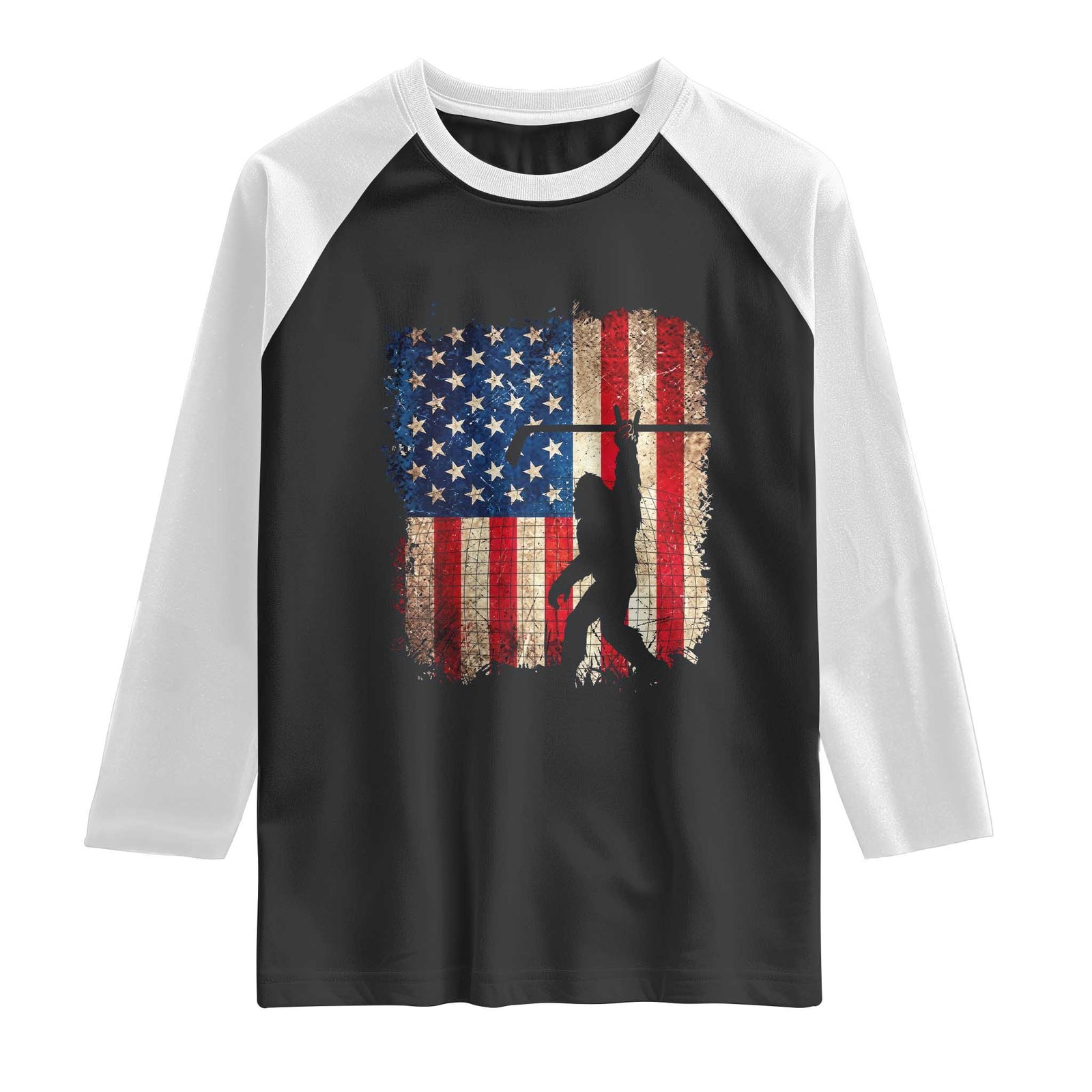 Patriotic Bigfoot Hockey American Flag 4th of July Raglan Shirt Patriotic Funny Sasquatch Rock On Ice Hockey Player Sticks TS14 Black White Print Your Wear