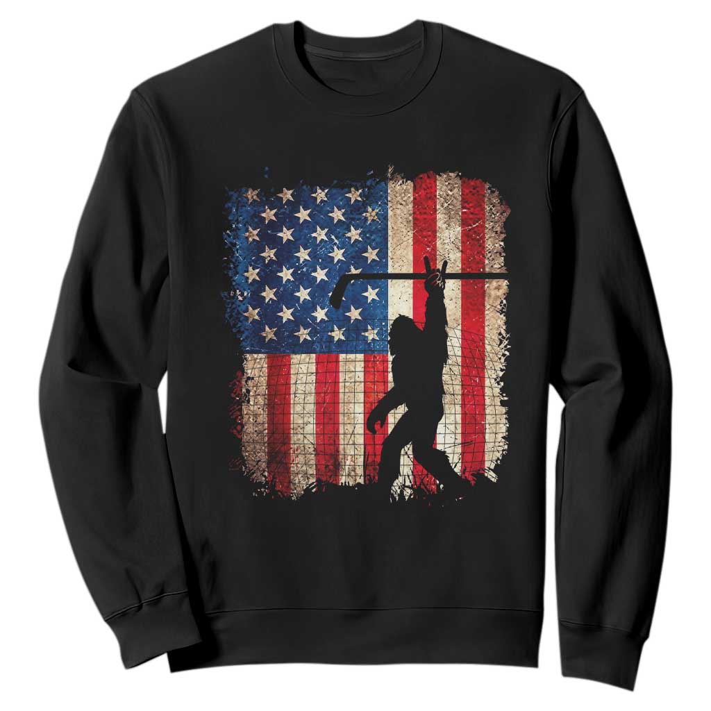 Patriotic Bigfoot Hockey American Flag 4th of July Sweatshirt Patriotic Funny Sasquatch Rock On Ice Hockey Player Sticks TS14 Black Print Your Wear