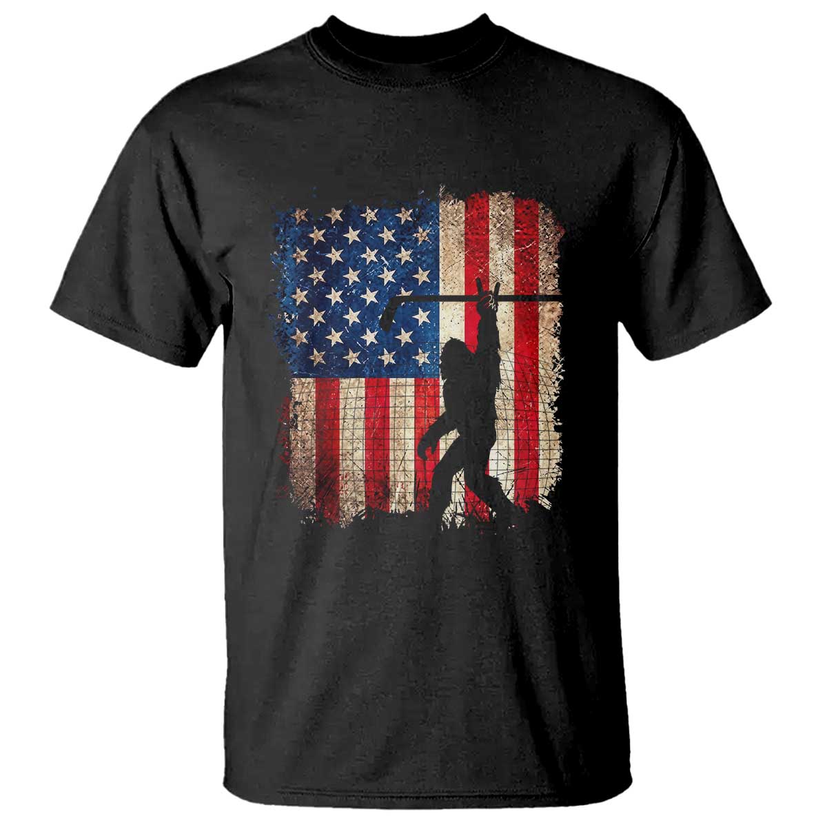 Patriotic Bigfoot Hockey American Flag 4th of July T Shirt Patriotic Funny Sasquatch Rock On Ice Hockey Player Sticks TS14 Black Print Your Wear
