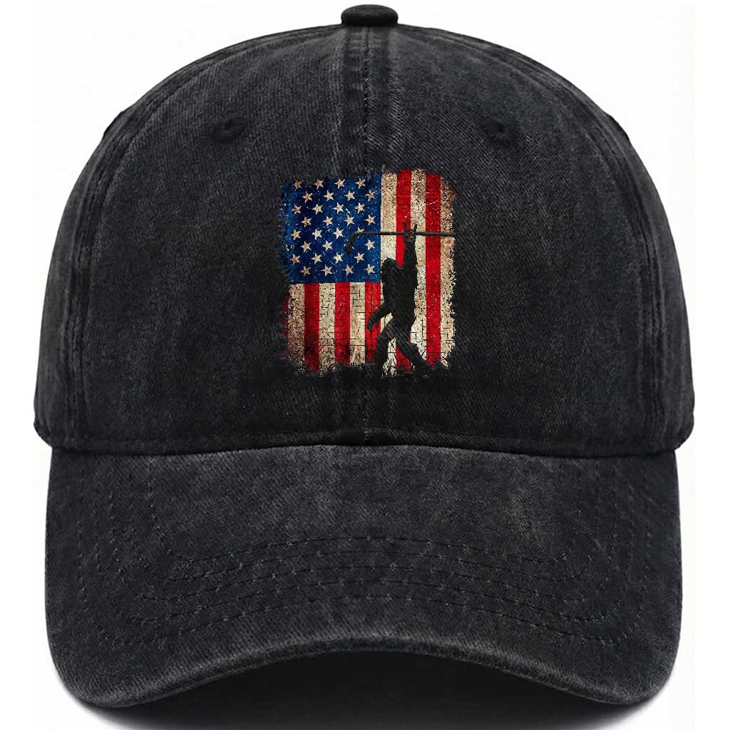 Patriotic Bigfoot Hockey American Flag 4th of July Washed Cotton Baseball Cap Patriotic Funny Sasquatch Rock On Ice Hockey Player Sticks TS14 Print Your Wear