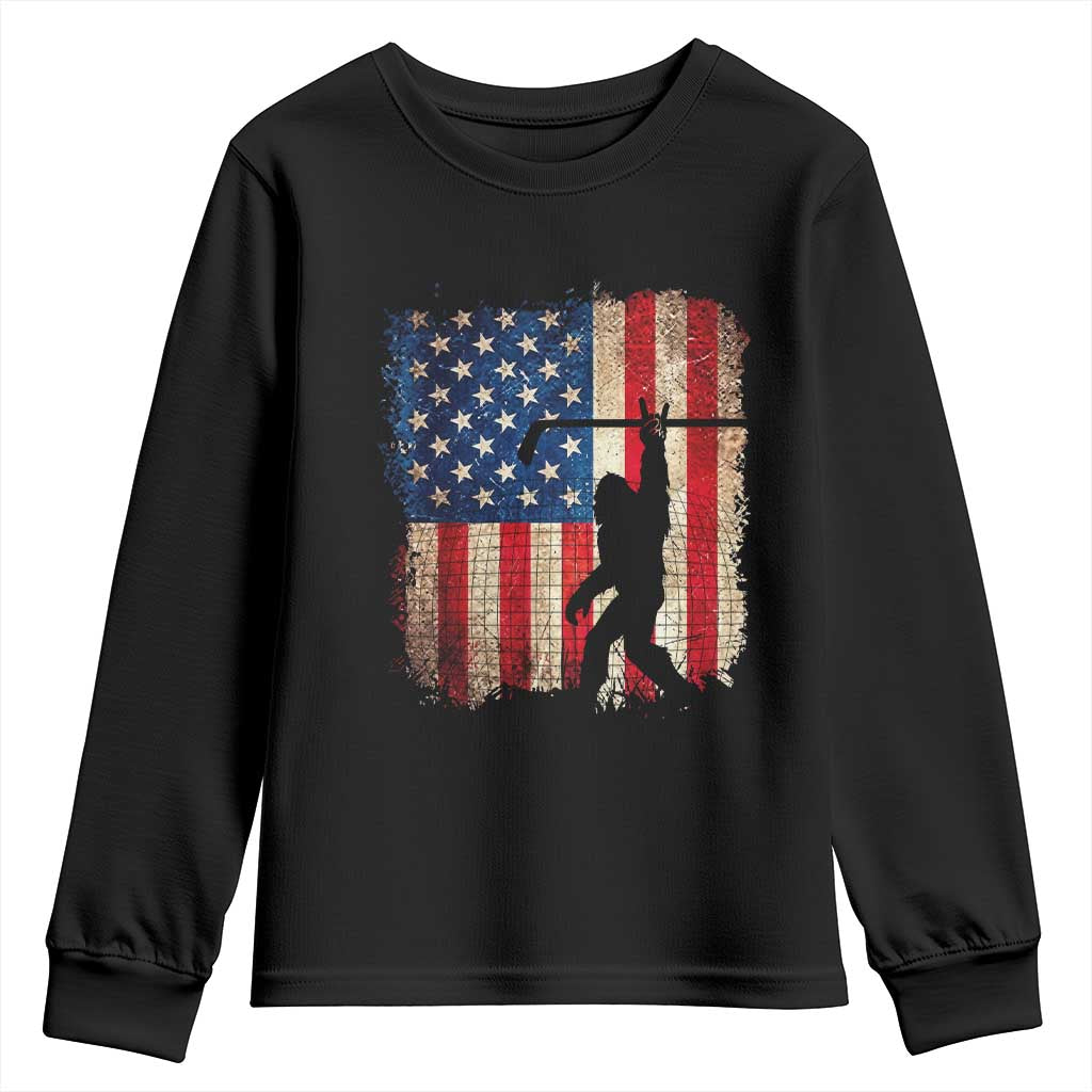 Patriotic Bigfoot Hockey American Flag 4th of July Youth Sweatshirt Patriotic Funny Sasquatch Rock On Ice Hockey Player Sticks TS14 Black Print Your Wear