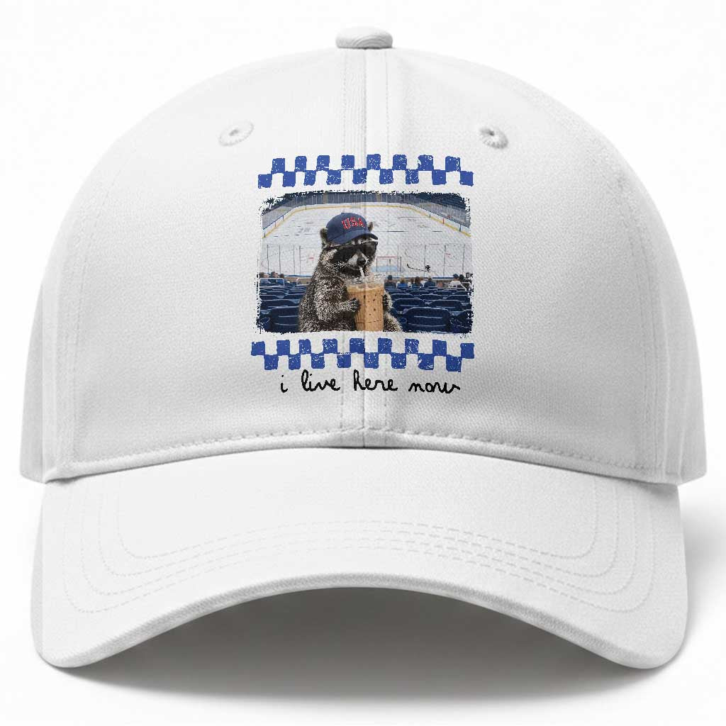 Hockey Mom Raccoon Iced Coffee Baseball Cap I Live Here Now TS14 Print Your Wear