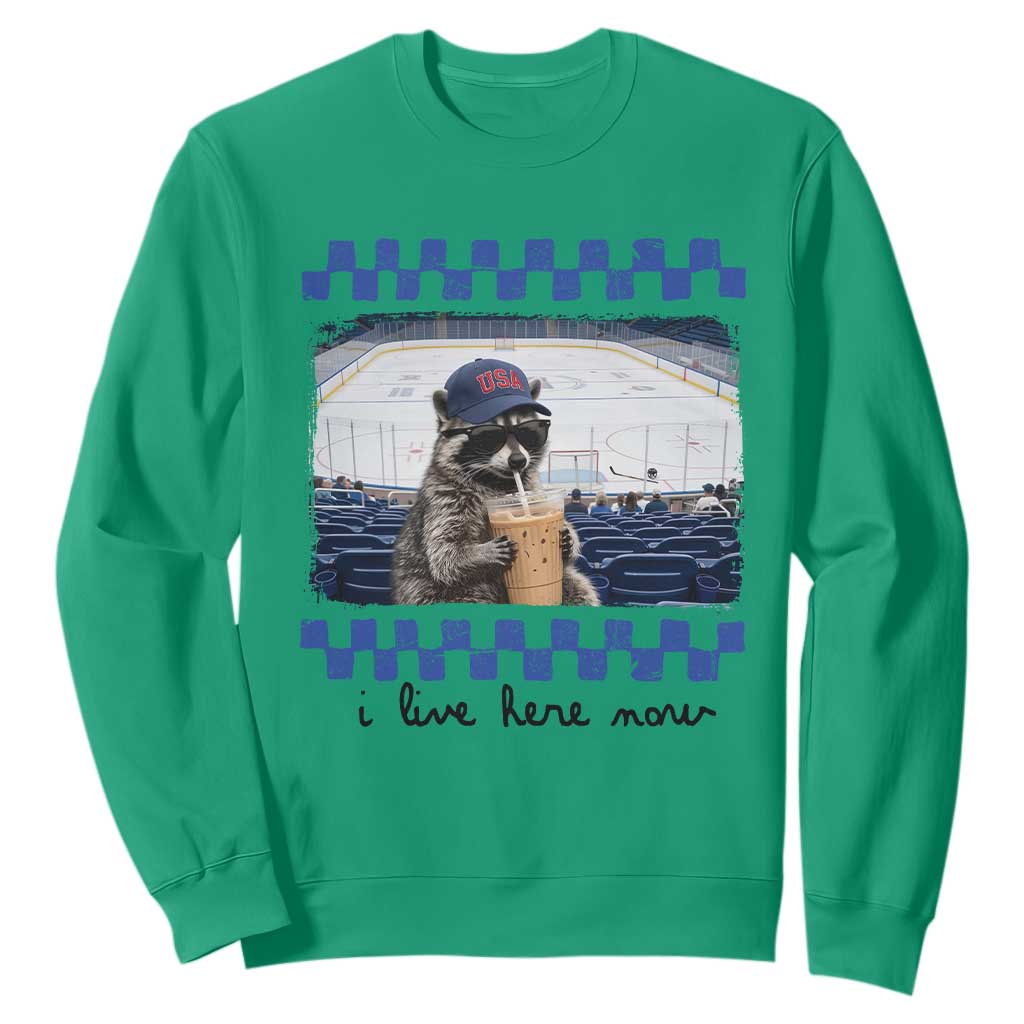 Hockey Mom Raccoon Iced Coffee Sweatshirt I Live Here Now TS14 Irish Green Print Your Wear