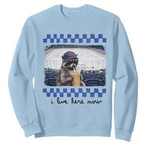 Hockey Mom Raccoon Iced Coffee Sweatshirt I Live Here Now TS14 Light Blue Print Your Wear