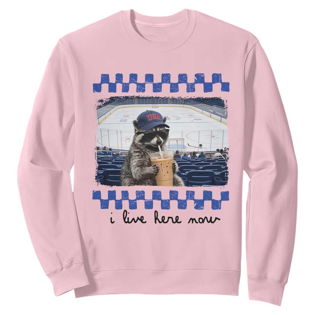 Hockey Mom Raccoon Iced Coffee Sweatshirt I Live Here Now TS14 Light Pink Print Your Wear