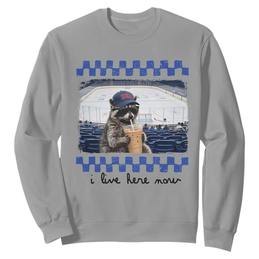 Hockey Mom Raccoon Iced Coffee Sweatshirt I Live Here Now TS14 Sport Gray Print Your Wear