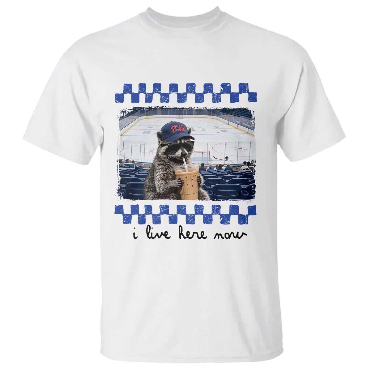 Hockey Mom Raccoon Iced Coffee T Shirt I Live Here Now TS14 White Print Your Wear