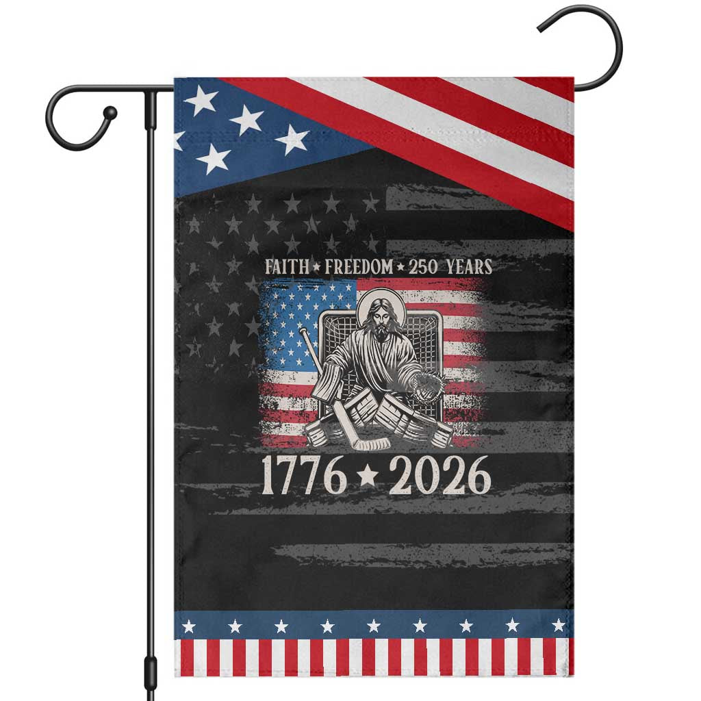 250 Years Faith and Freedom Christian Patriotic Garden Flag Jesus Hockey Player 4th of July American Flag TS14 Distressed Black Blue Print Your Wear