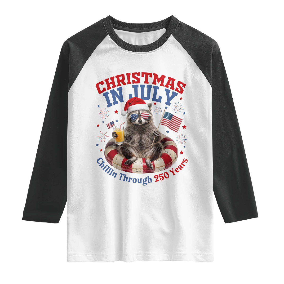 Raccoon 250th Anniversary Raglan Shirt Christmas in July TS14 White Black Print Your Wear
