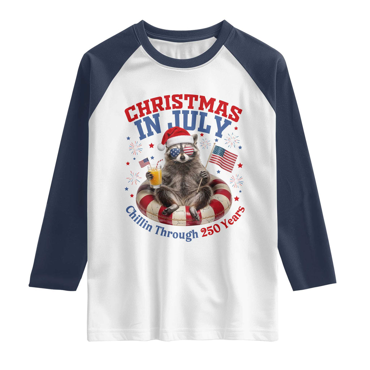 Raccoon 250th Anniversary Raglan Shirt Christmas in July TS14 White Navy Print Your Wear