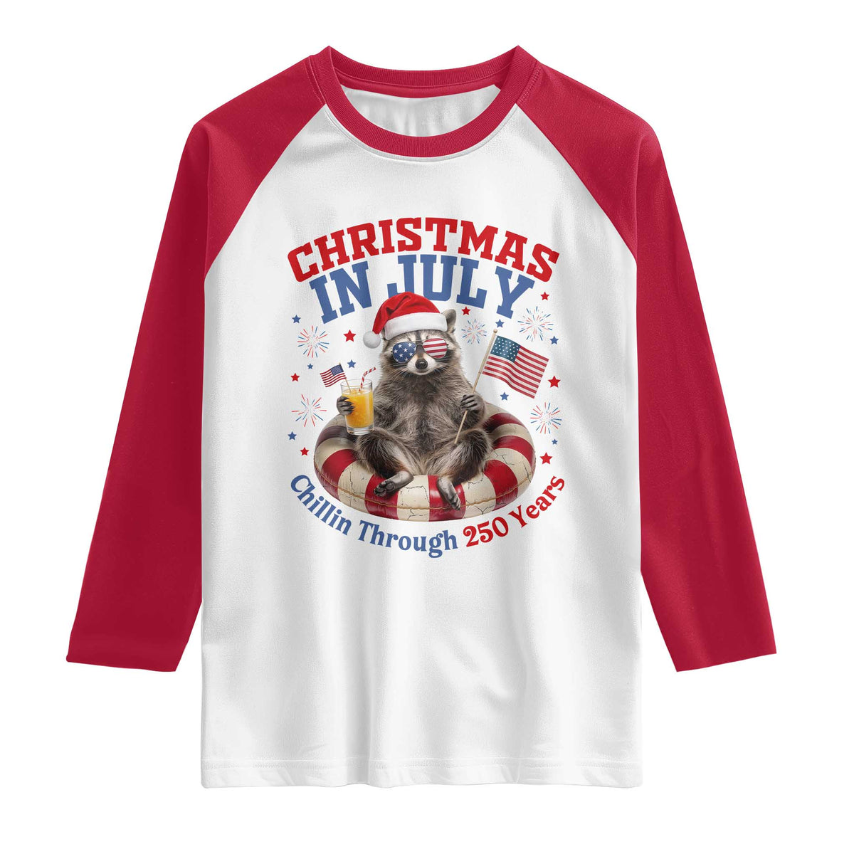 Raccoon 250th Anniversary Raglan Shirt Christmas in July TS14 White Red Print Your Wear