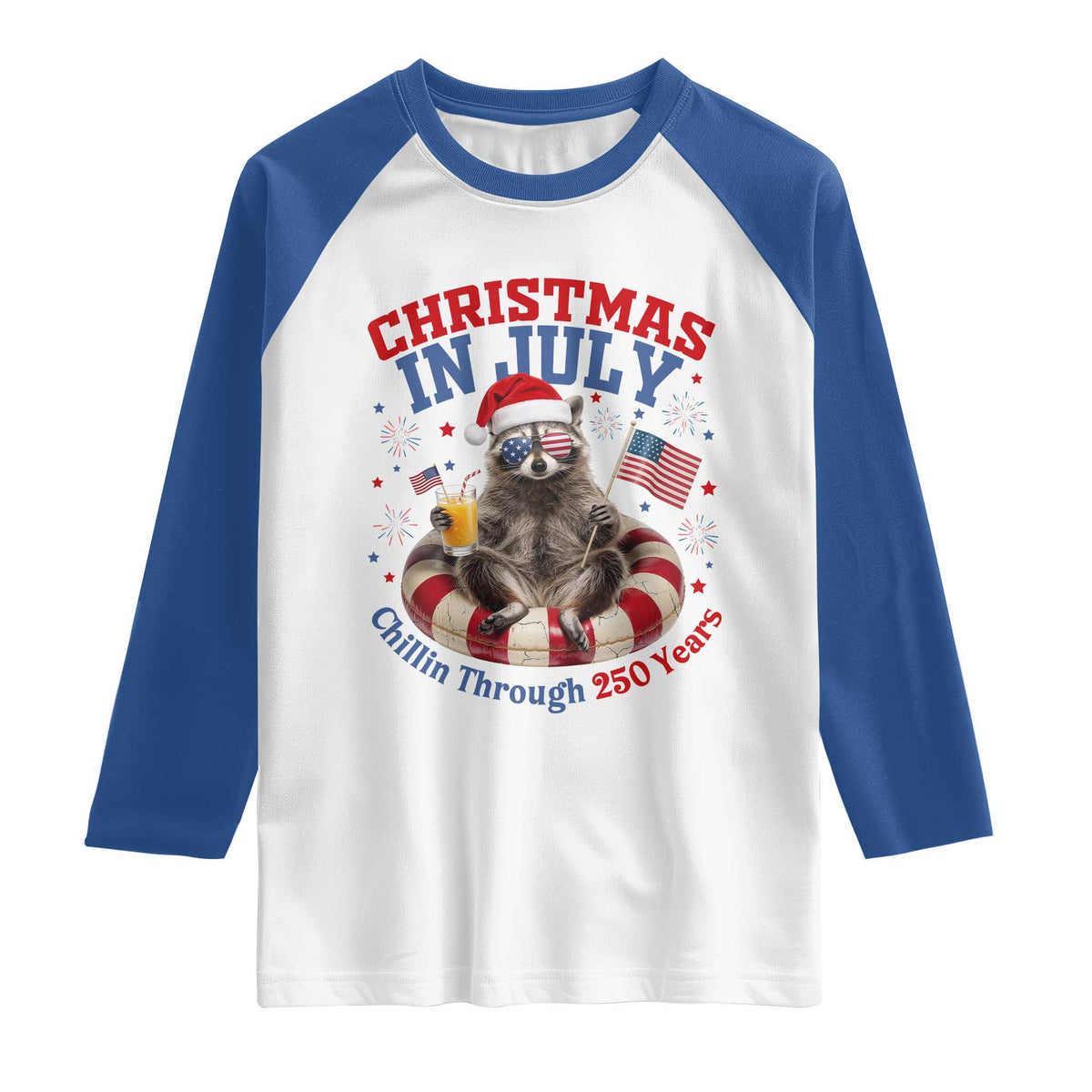 Raccoon 250th Anniversary Raglan Shirt Christmas in July TS14 White Royal Print Your Wear