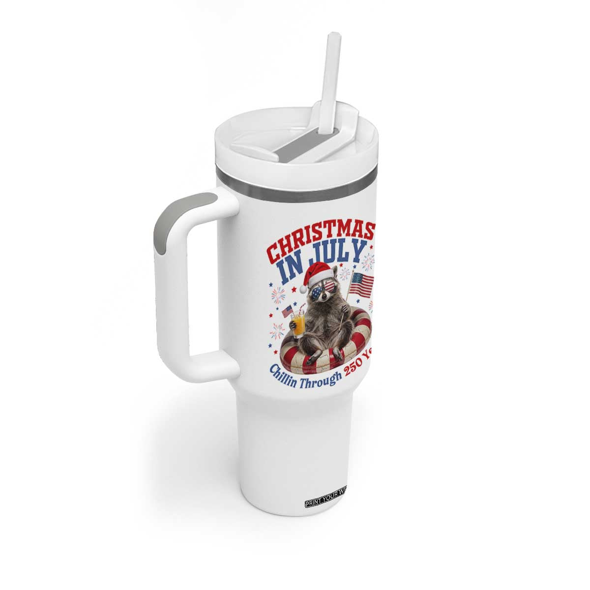 Raccoon 250th Anniversary Tumbler With Handle Christmas in July TS14 Print Your Wear