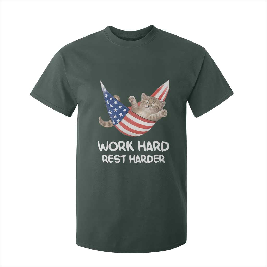 Funny Lazy Cat T Shirt For Kid Work Hard Rest Harder Cute Kitty Humor TS14 Dark Forest Green Print Your Wear