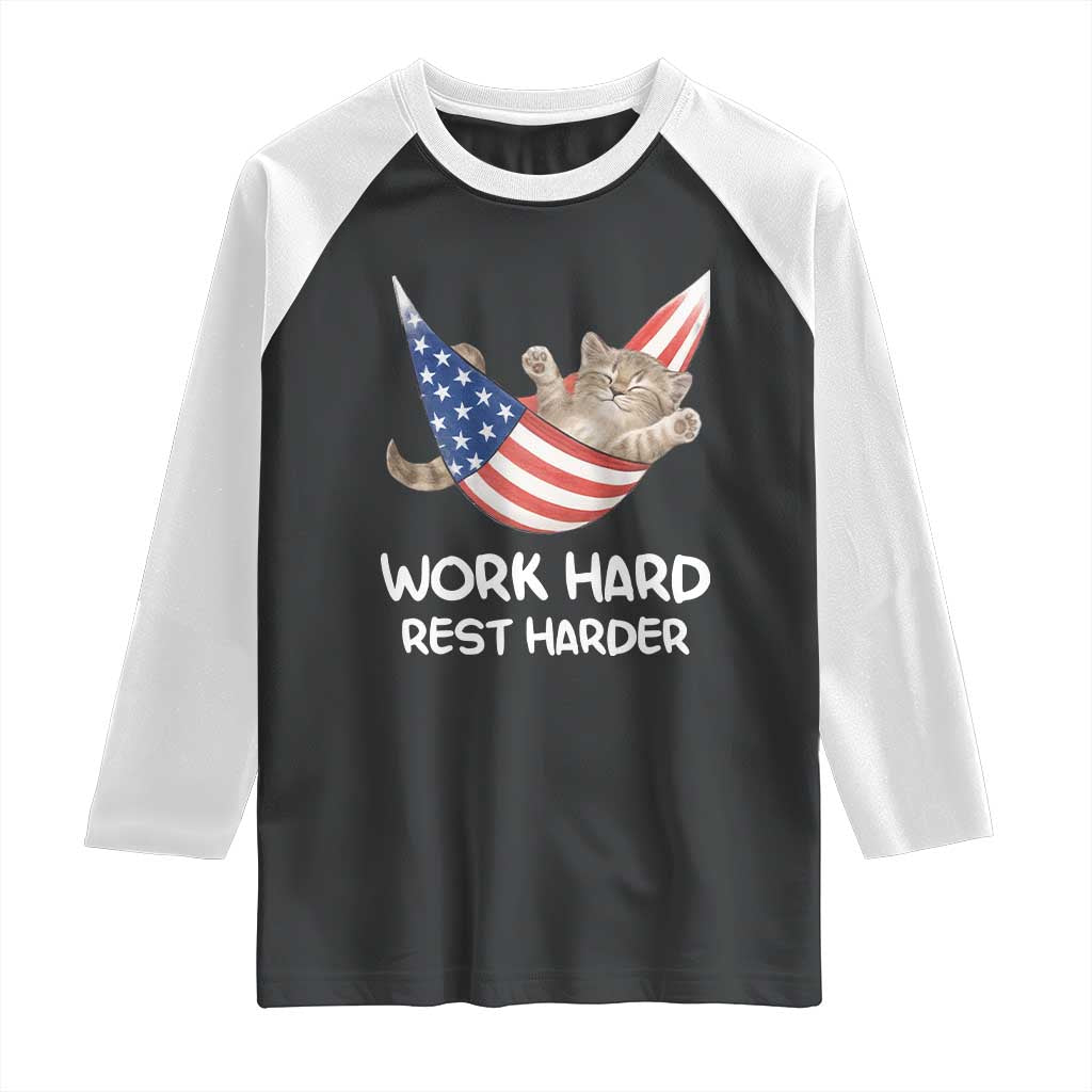 Funny Lazy Cat Raglan Shirt Work Hard Rest Harder Cute Kitty Humor TS14 Black White Print Your Wear