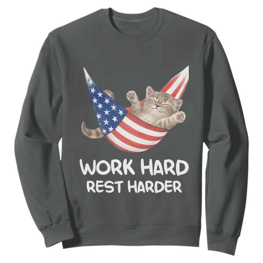 Funny Lazy Cat Sweatshirt Work Hard Rest Harder Cute Kitty Humor TS14 Dark Heather Print Your Wear