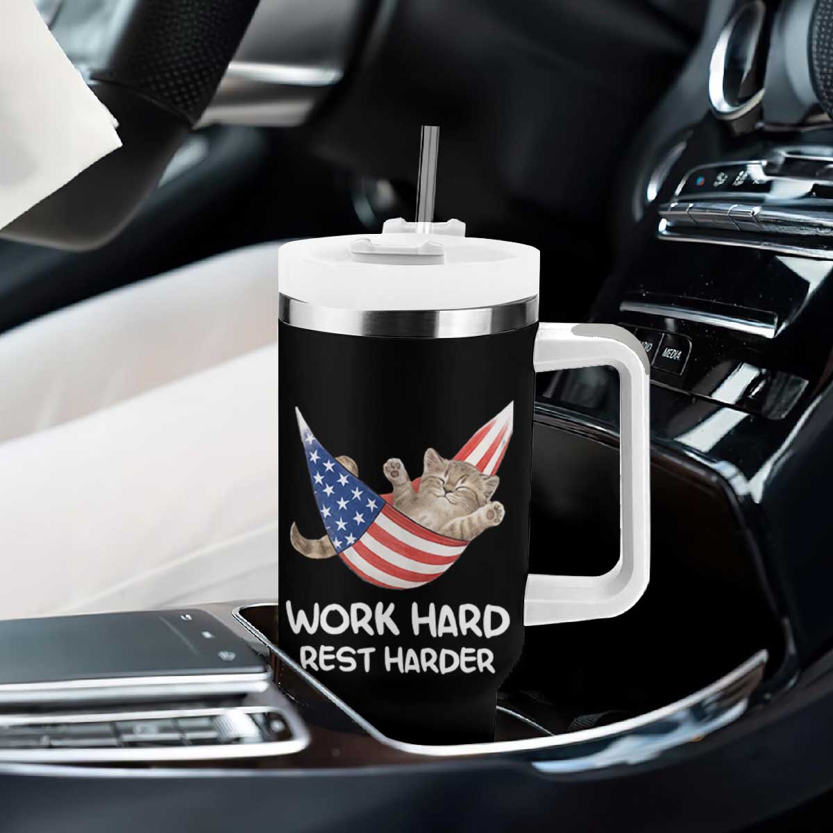 Funny Lazy Cat Tumbler With Handle Work Hard Rest Harder Cute Kitty Humor TS14 Print Your Wear