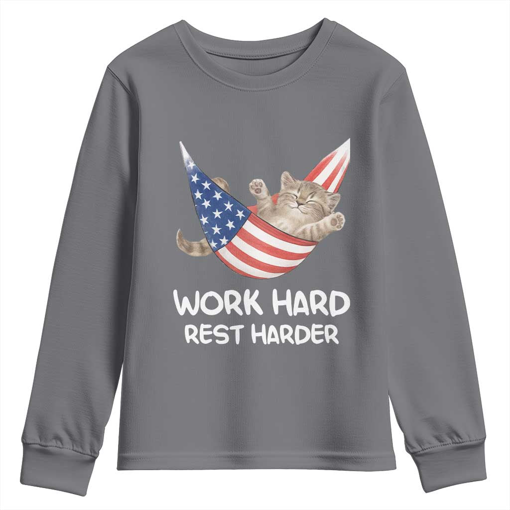 Funny Lazy Cat Youth Sweatshirt Work Hard Rest Harder Cute Kitty Humor TS14 Charcoal Print Your Wear