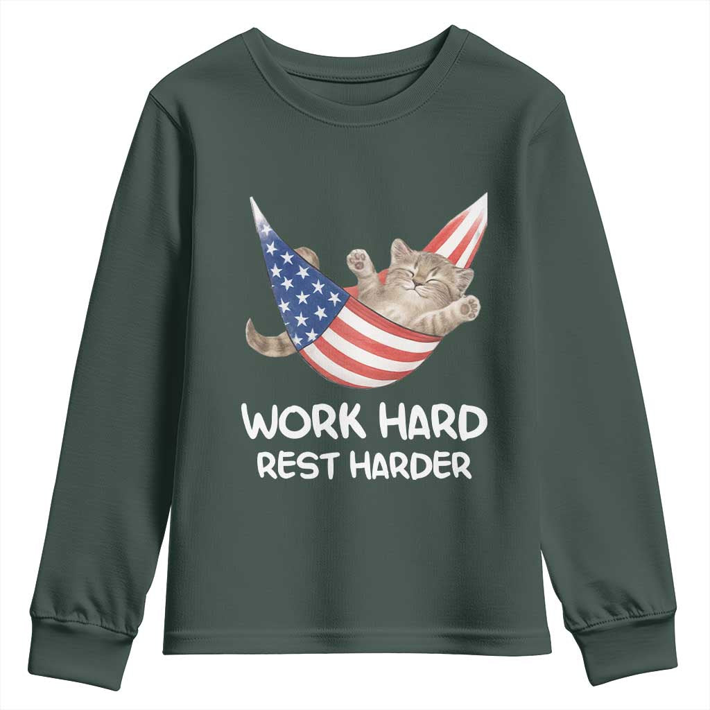 Funny Lazy Cat Youth Sweatshirt Work Hard Rest Harder Cute Kitty Humor TS14 Dark Forest Green Print Your Wear
