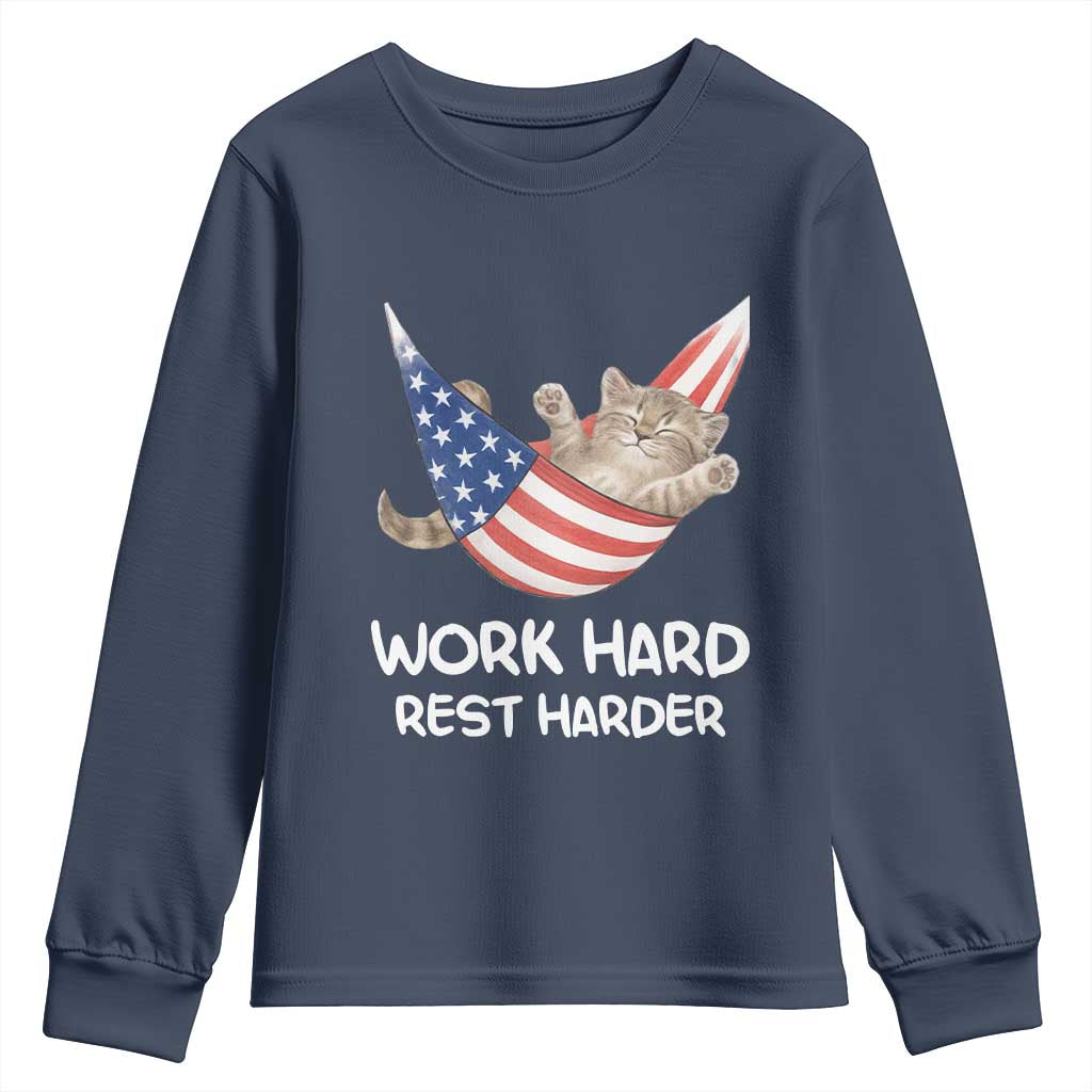Funny Lazy Cat Youth Sweatshirt Work Hard Rest Harder Cute Kitty Humor TS14 Navy Print Your Wear