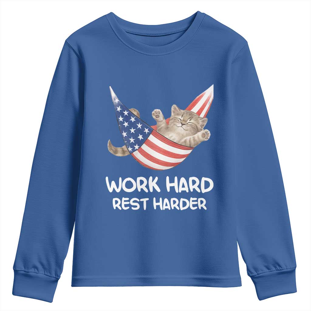 Funny Lazy Cat Youth Sweatshirt Work Hard Rest Harder Cute Kitty Humor TS14 Royal Blue Print Your Wear