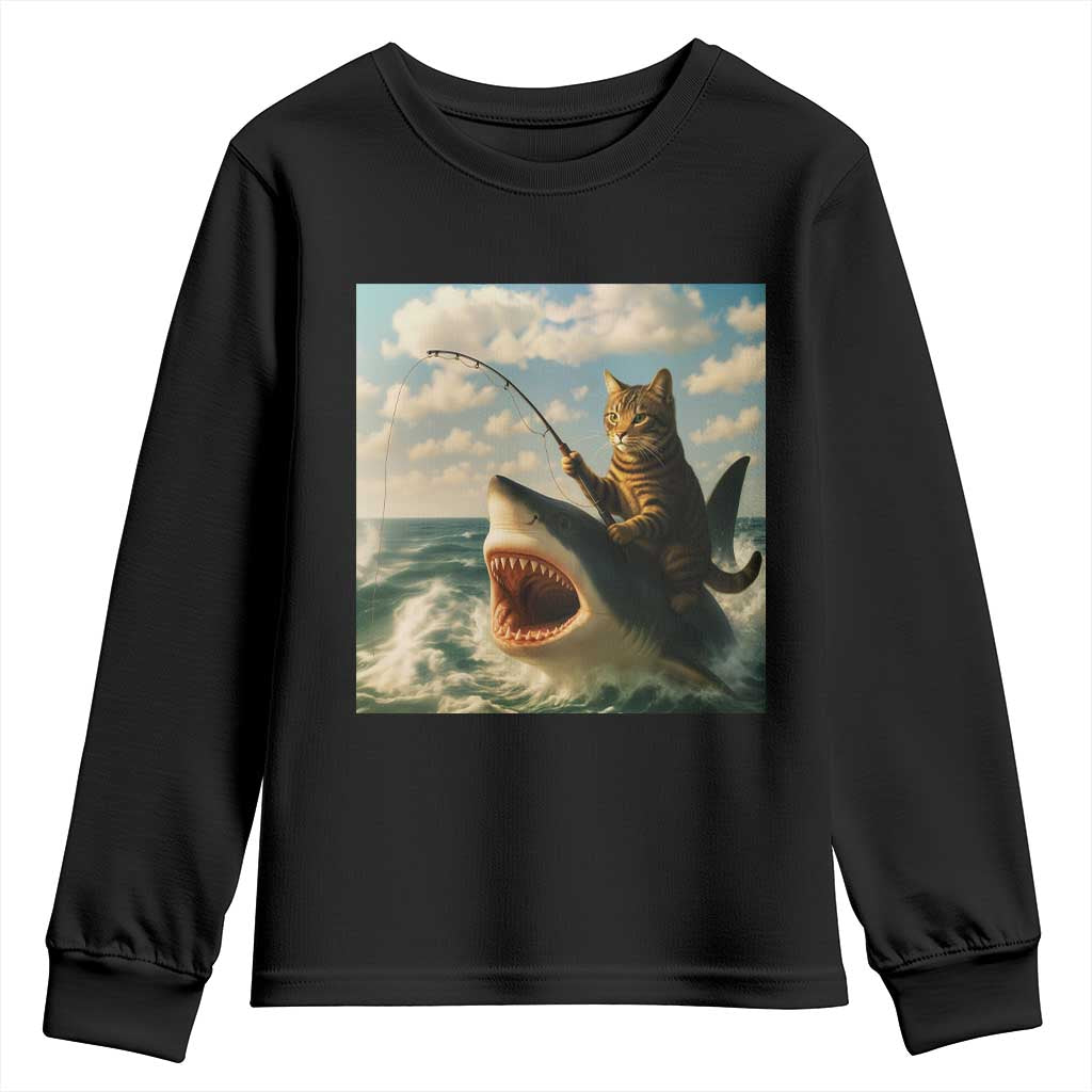 Funny Cat Riding Shark Youth Sweatshirt Fishing Fisherman Ocean Lover Humor TS14 Black Print Your Wear