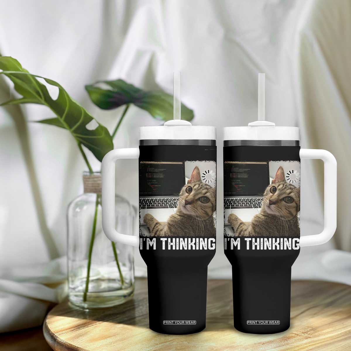 Tech Support Cat Tumbler With Handle I'm Thinking Funny Computer Engineer Coding Kitty TS14 Print Your Wear