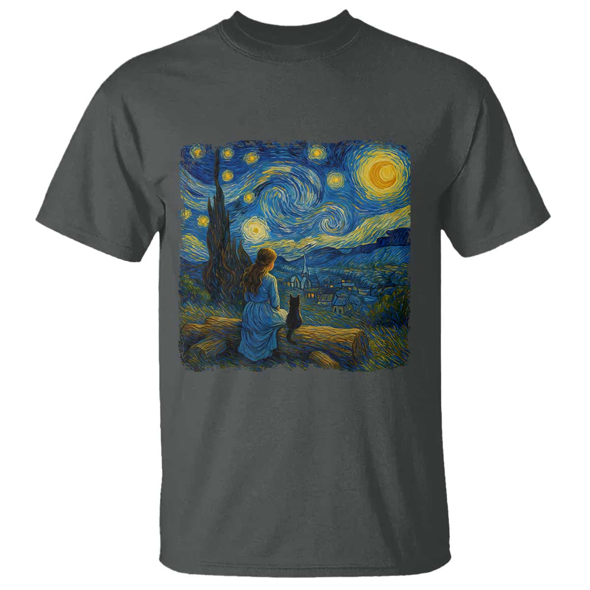 Cute Cat Starry Night T Shirt Kitty Lovers TS14 Dark Heather Print Your Wear