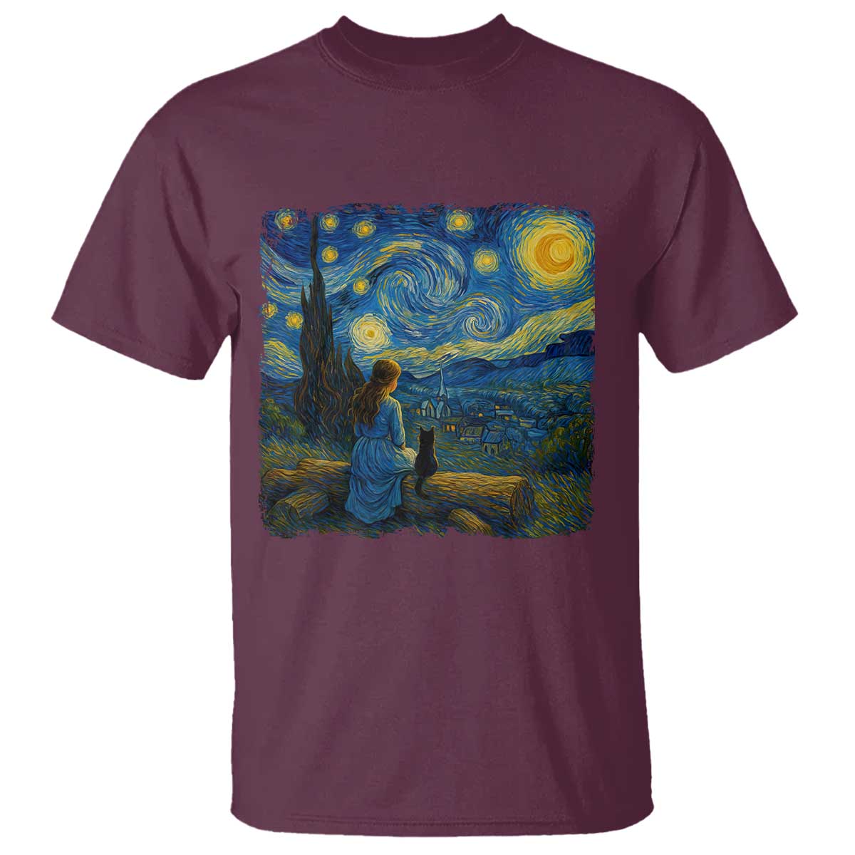 Cute Cat Starry Night T Shirt Kitty Lovers TS14 Maroon Print Your Wear