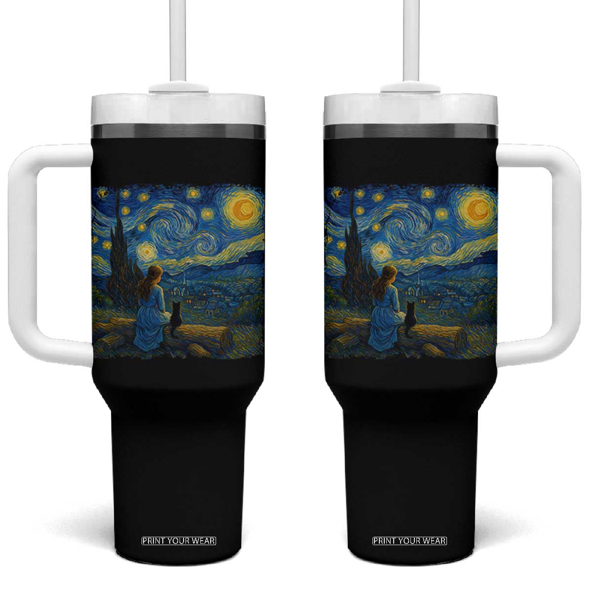 Cute Cat Starry Night Tumbler With Handle Kitty Lovers TS14 One Size: 40 oz Black Print Your Wear