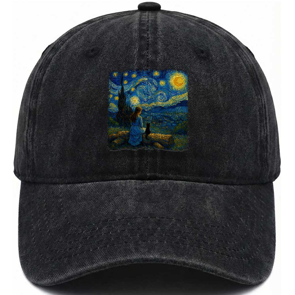 Cute Cat Starry Night Washed Cotton Baseball Cap Kitty Lovers TS14 Washed Cap Universal Fit Black Print Your Wear