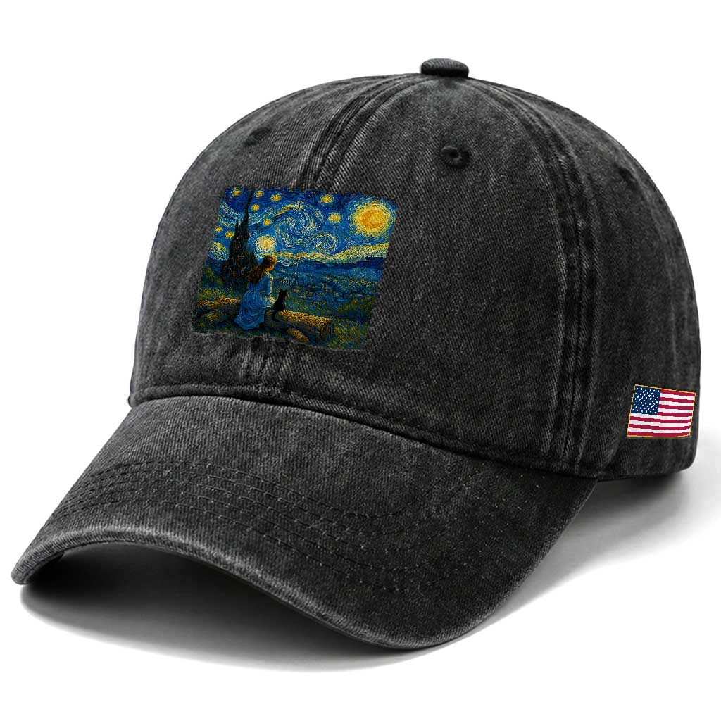 Cute Cat Starry Night Washed Cotton Baseball Cap Kitty Lovers TS14 Print Your Wear