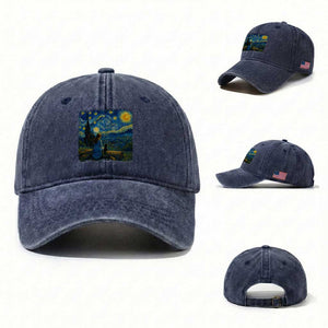 Cute Cat Starry Night Washed Cotton Baseball Cap Kitty Lovers TS14 Washed Cap Universal Fit Navy Print Your Wear