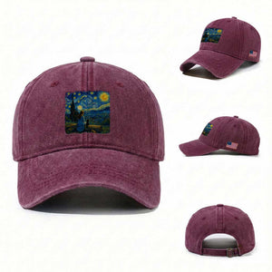 Cute Cat Starry Night Washed Cotton Baseball Cap Kitty Lovers TS14 Washed Cap Universal Fit Burgundy Print Your Wear