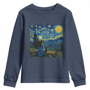 Cute Cat Starry Night Youth Sweatshirt Kitty Lovers TS14 Navy Print Your Wear