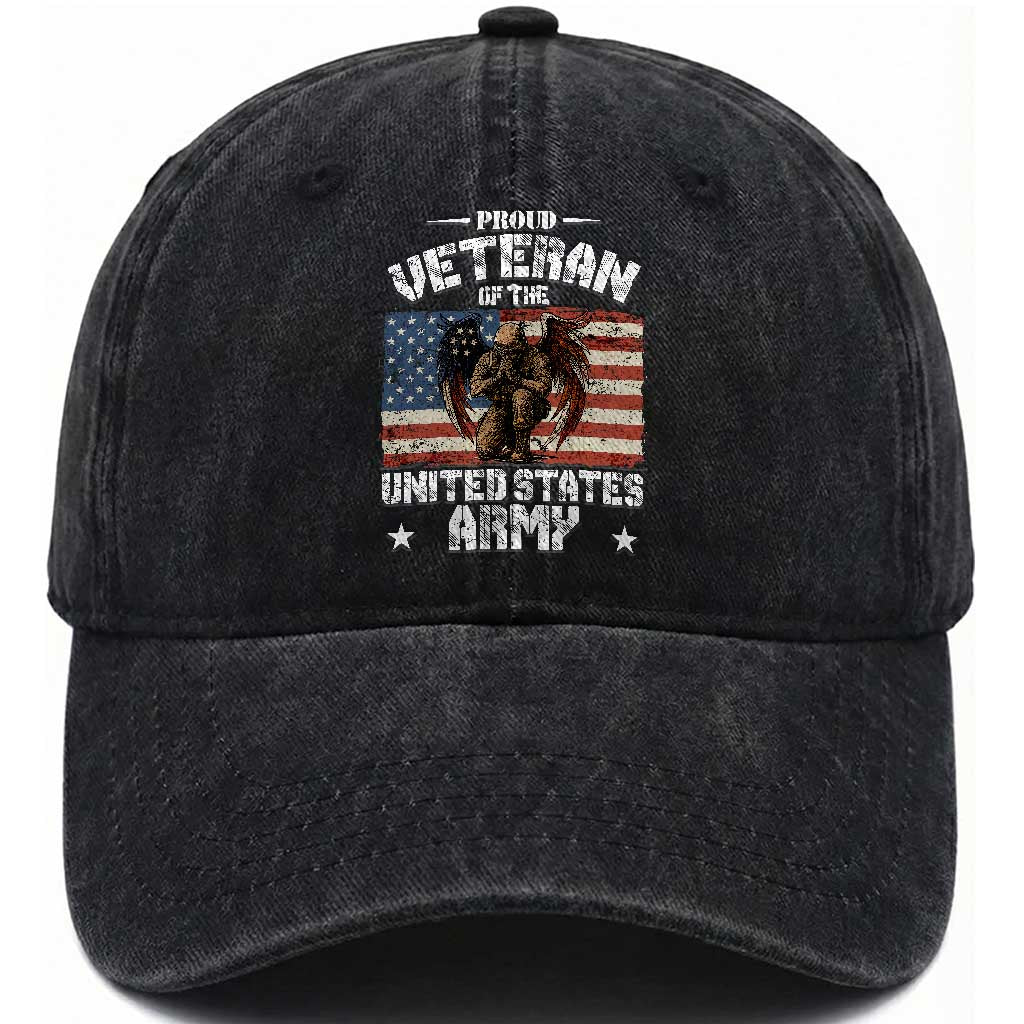 US Army Veteran Tribute Washed Cotton Baseball Cap American Flag Angel Soldier Memorial TS14 Washed Cap Universal Fit Black Print Your Wear