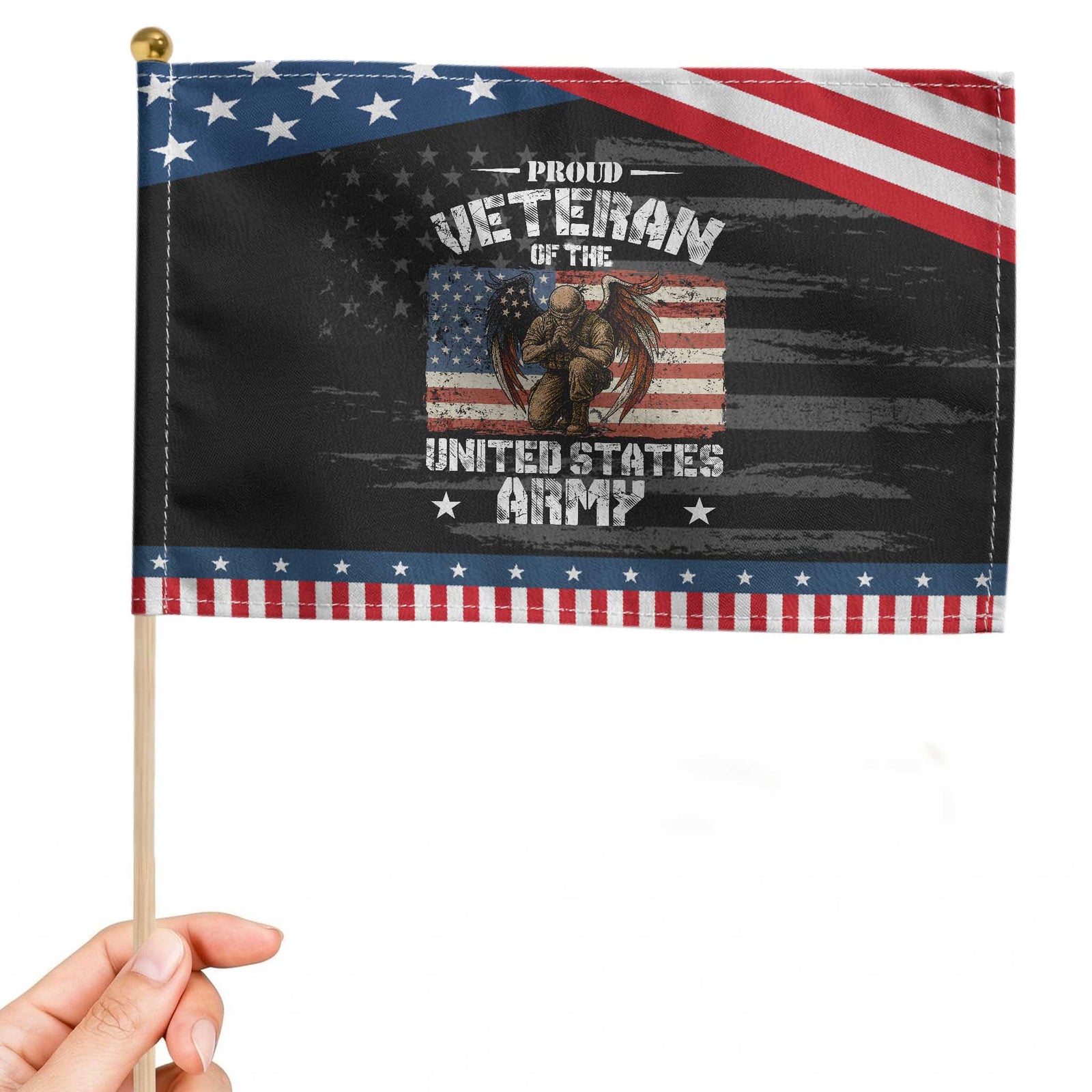 US Army Veteran Tribute Patriotic Handheld Flag American Flag Angel Soldier Memorial TS14 Distressed 8.2
