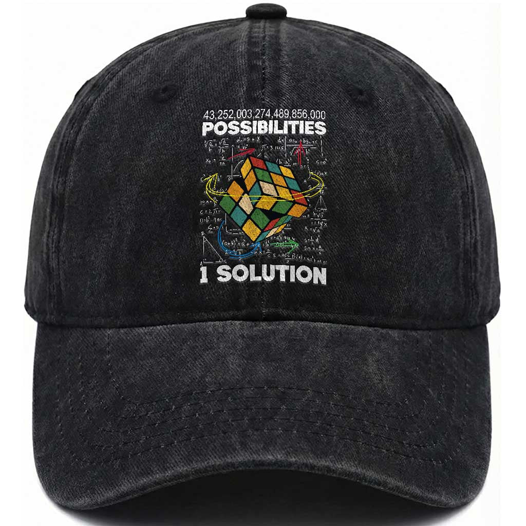 Funny Speed Cubing Washed Cotton Baseball Cap One Solution Math Puzzle Cube TS14 Washed Cap Universal Fit Black Print Your Wear
