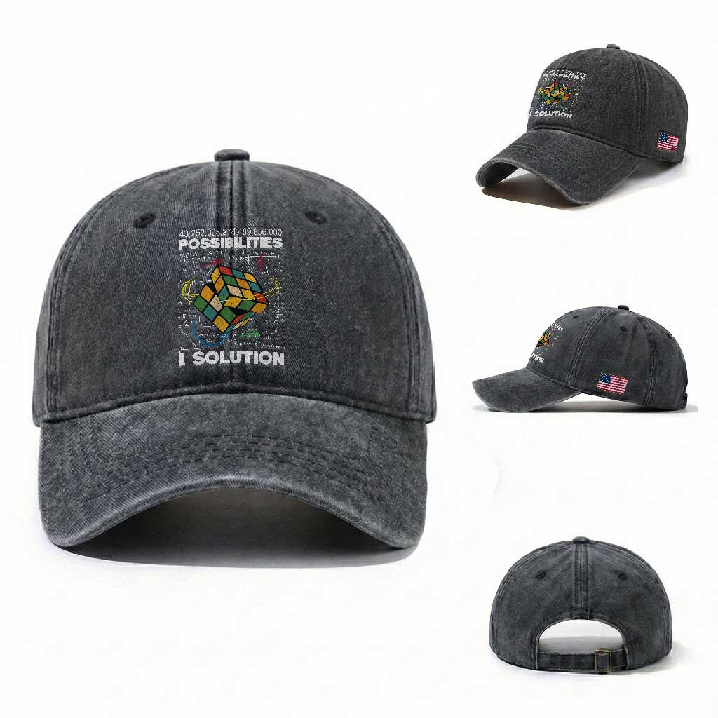 Funny Speed Cubing Washed Cotton Baseball Cap One Solution Math Puzzle Cube TS14 Washed Cap Universal Fit Dark Gray Print Your Wear