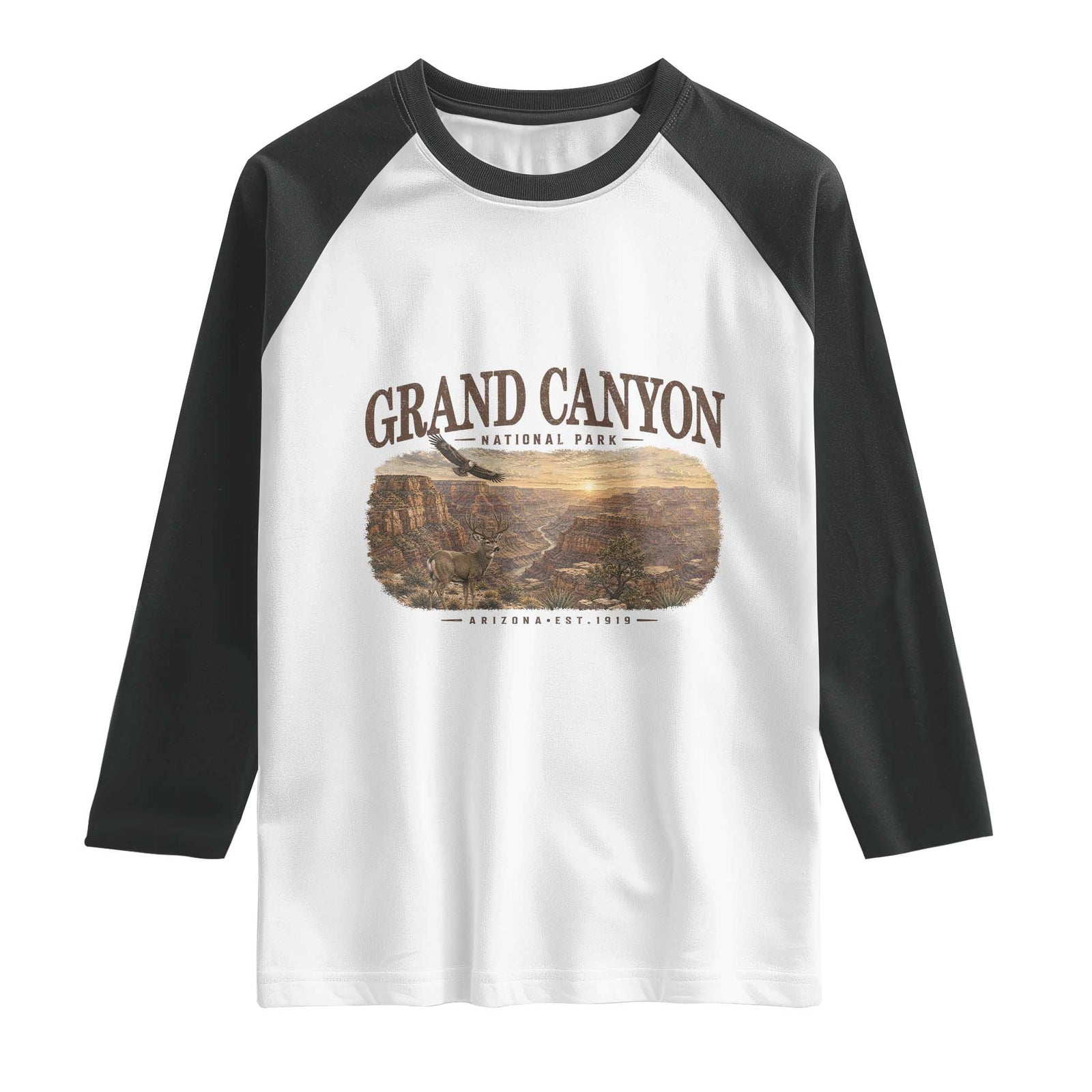 Grand Canyon National Park Arizona Established 1919 Raglan Shirt Retro Deer Wildlife Nature Hiking Southwest Souvenir TS14 White Black Print Your Wear