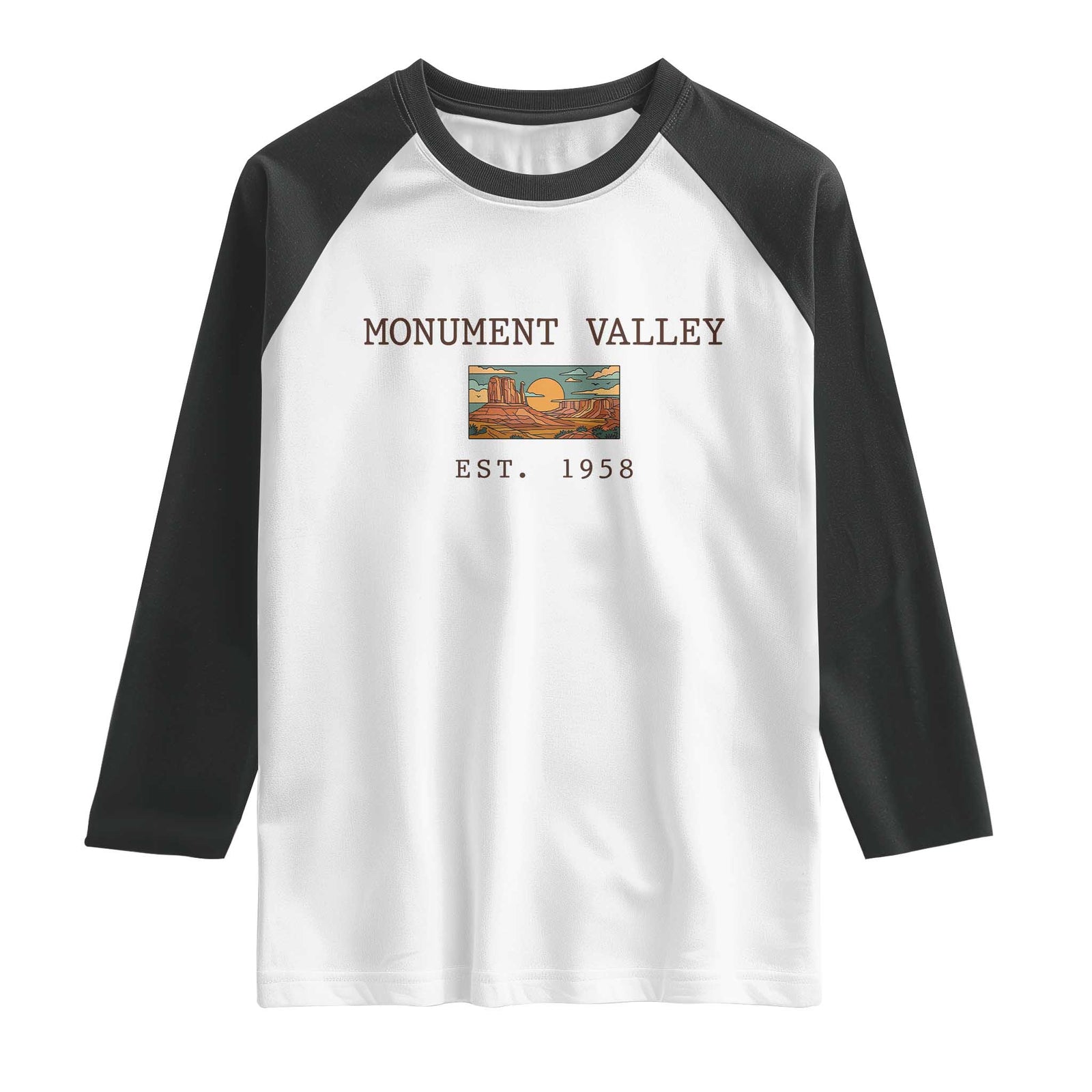 Retro Monument Valley Arizona Sunset Established 1958 Raglan Shirt Southwest Desert Road Trip Eagle Nature Souvenir TS14 White Black Print Your Wear