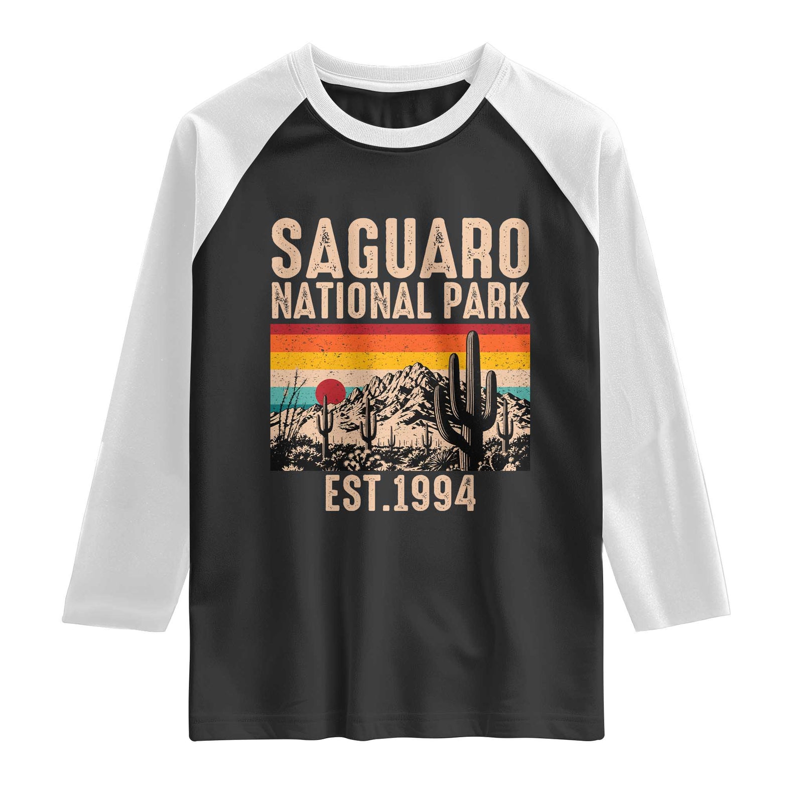 Retro Saguaro National Park Arizona EST 1994 Raglan Shirt Desert Cactus Sunset Hiking Camping Nature Souvenir TS14 Black White Print Your Wear