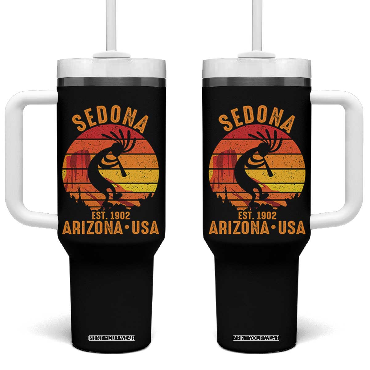 Retro Sedona Arizona Dancing Kokopelli Tumbler With Handle Southwest Native Symbol Desert Heritage Established 1902 TS14 One Size: 40 oz Black Print Your Wear