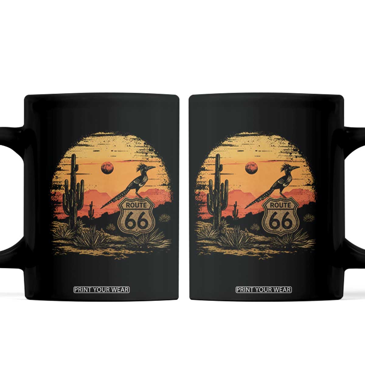 Route Highway 66 Roadrunner Desert Sunset Arizona Coffee Mug Cactus Landscape Texas Nevada Southwest Bird Lover TS14 Black Print Your Wear