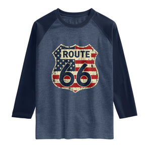 Route US 66 American Flag Americana Road Trip Raglan Shirt TS14 Heather Denim Navy Print Your Wear