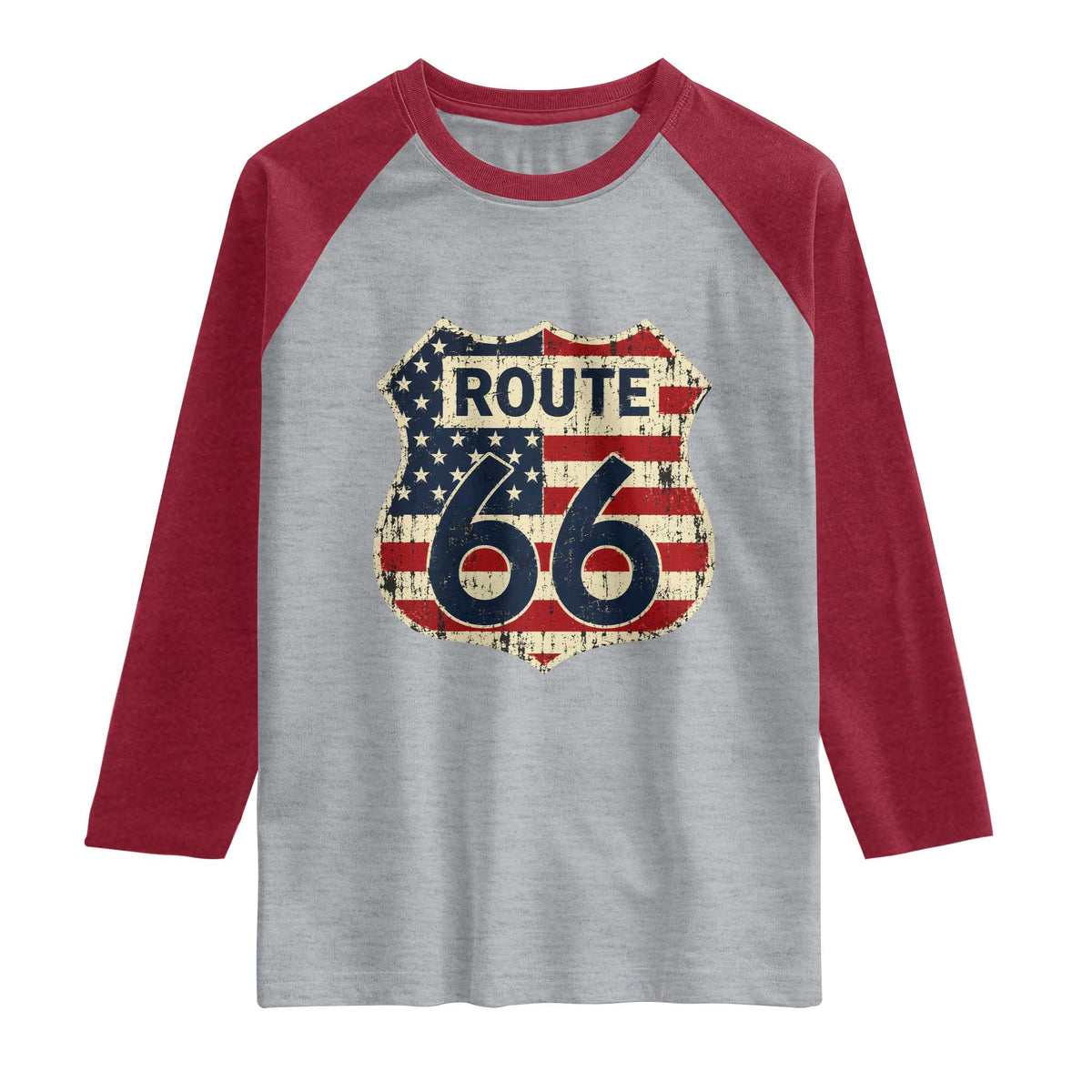 Route US 66 American Flag Americana Road Trip Raglan Shirt TS14 Heather Gray Heather Red Print Your Wear