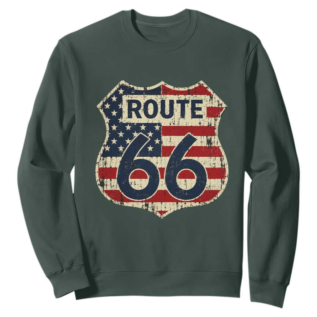 Route US 66 American Flag Americana Road Trip Sweatshirt TS14 Dark Forest Green Print Your Wear