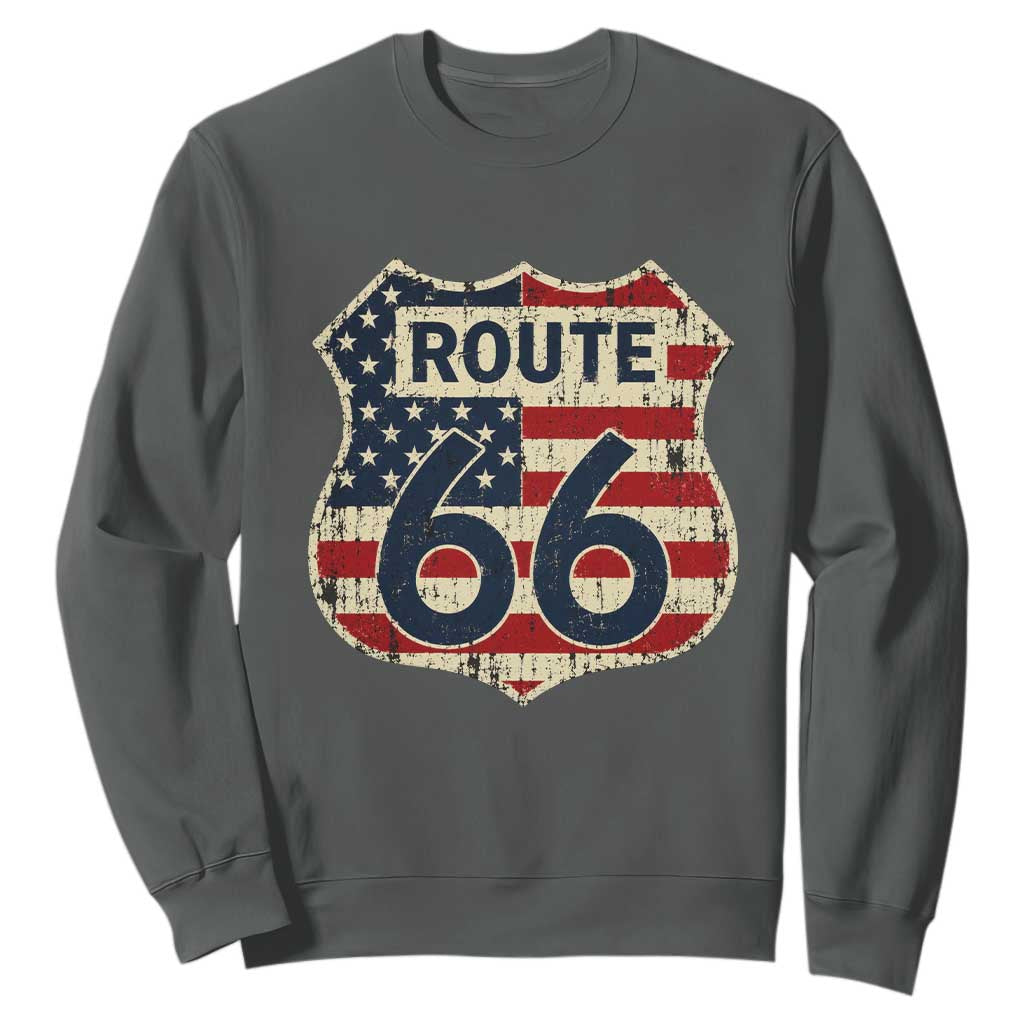 Route US 66 American Flag Americana Road Trip Sweatshirt TS14 Dark Heather Print Your Wear