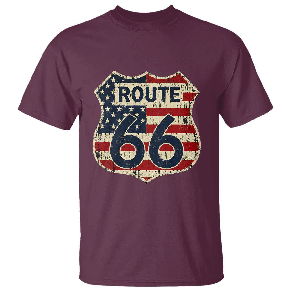 Route US 66 American Flag Americana Road Trip T Shirt TS14 Maroon Print Your Wear